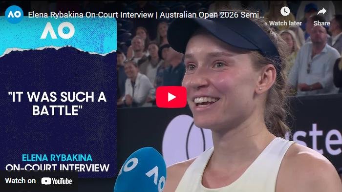 Elena Rybakina speaking on court after reaching the Australian Open final