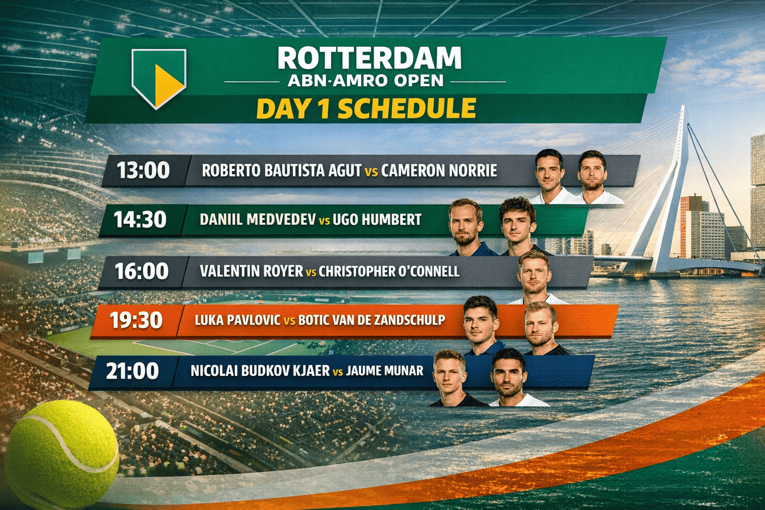 Rotterdam ATP 500 Day 1 schedule graphic featuring Medvedev, Norrie and Pavlovic matches at the ABN AMRO Open.