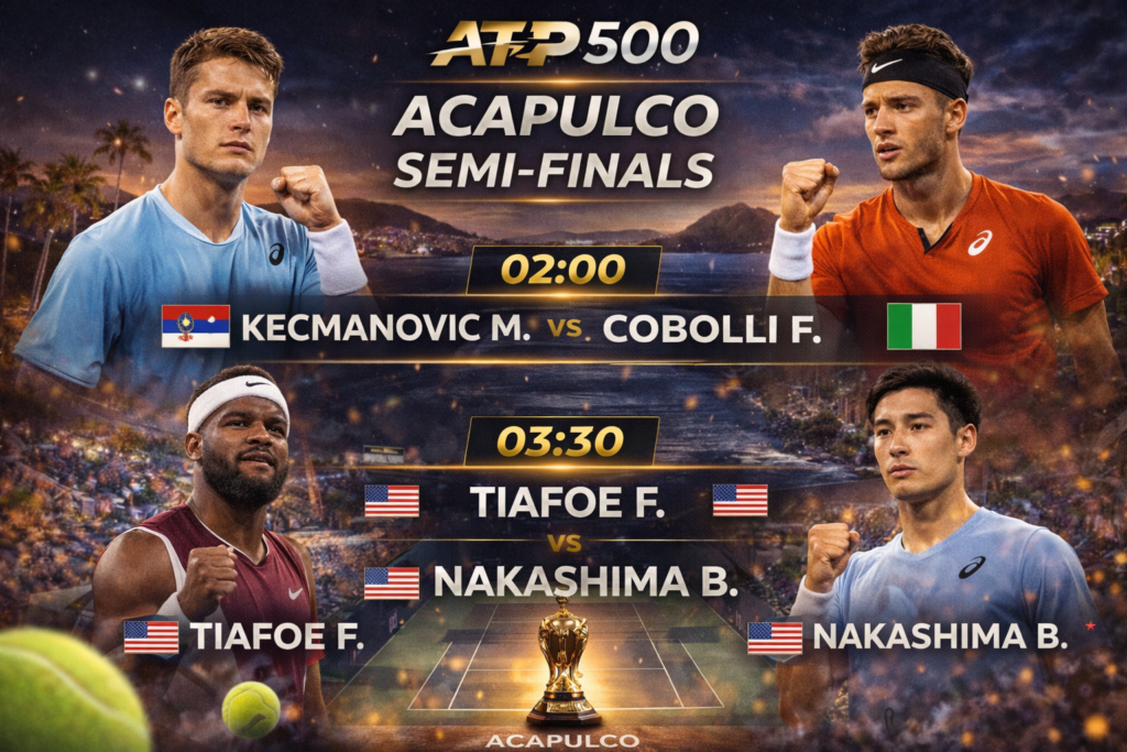 Графика распоредa полуфинала Акапулко ATP 500 2026: Миомир Кецмановић vs Флавио Коболи и Френсис Тијафо vs Брендон Накашима.