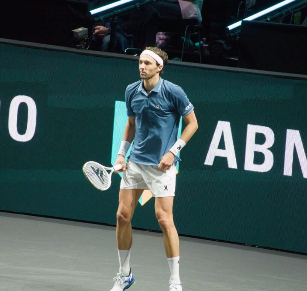 Arthur Rinderknech warms up before his first-round match against Stefanos Tsitsipas at the Rotterdam ATP 500 2026