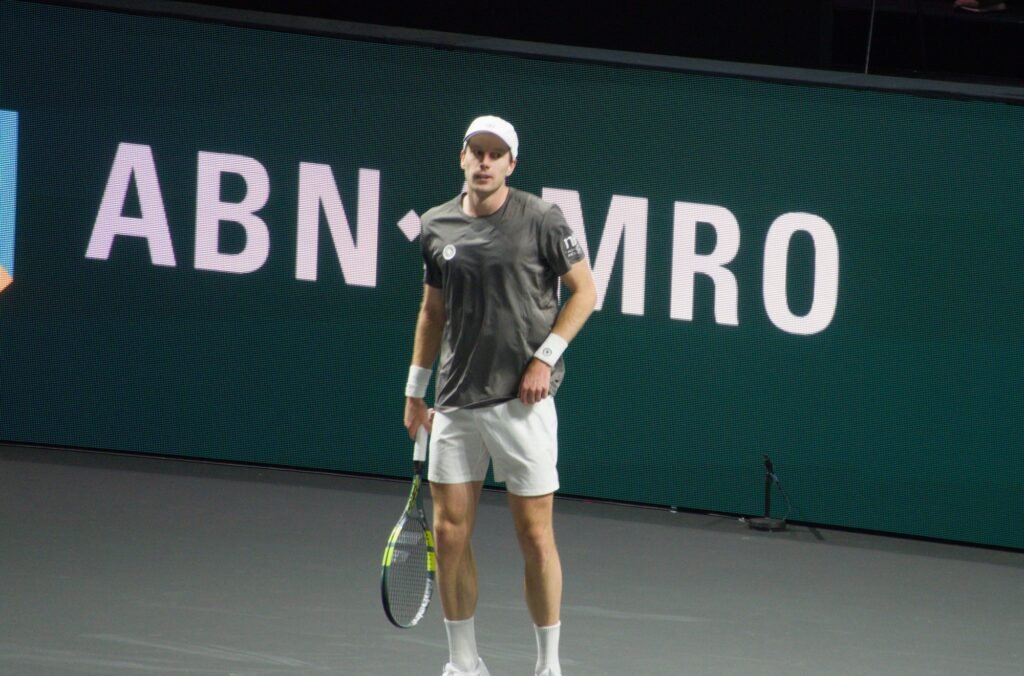 Botic van de Zandschulp on court during his first-round match against Luka Pavlovic at the Rotterdam ATP 500 2026