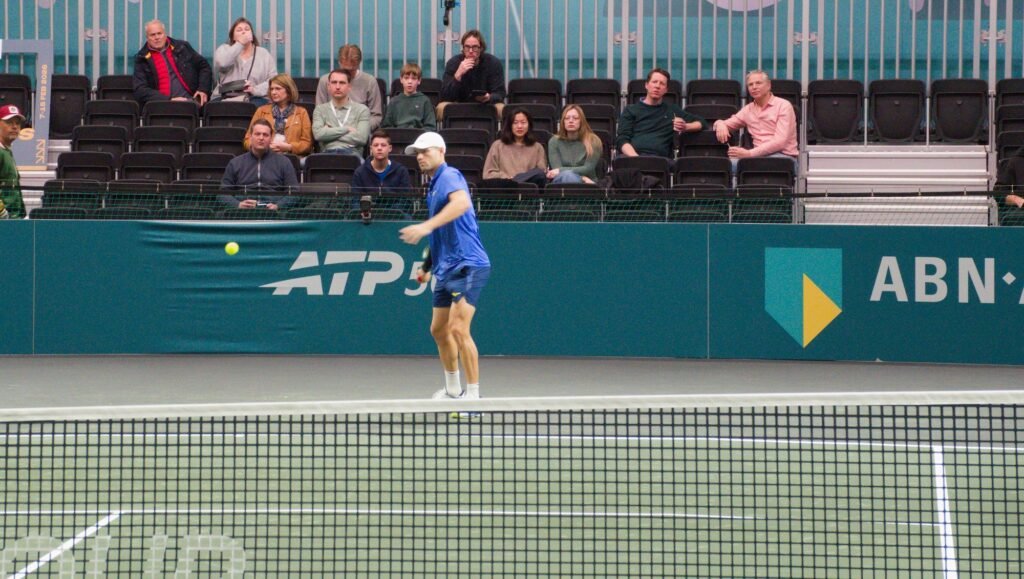 Christopher O’Connell hits a forehand during Rotterdam ATP 500 2026 qualifying at Ahoy Arena