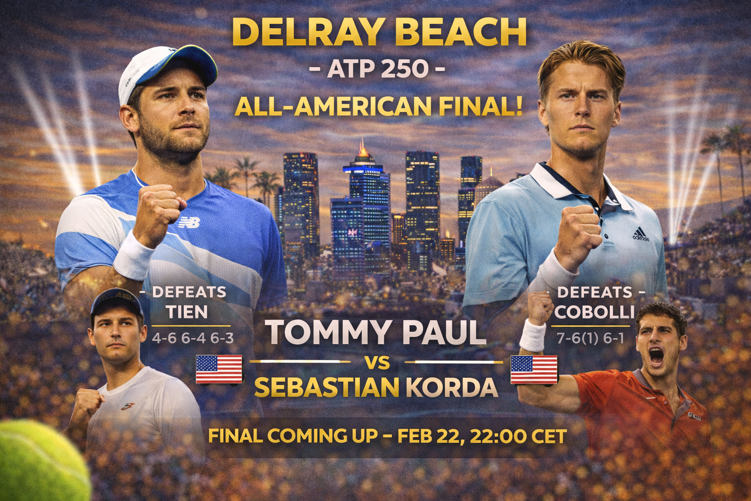 Delray Beach ATP 250 graphic announcing the all-American final: Tommy Paul vs Sebastian Korda