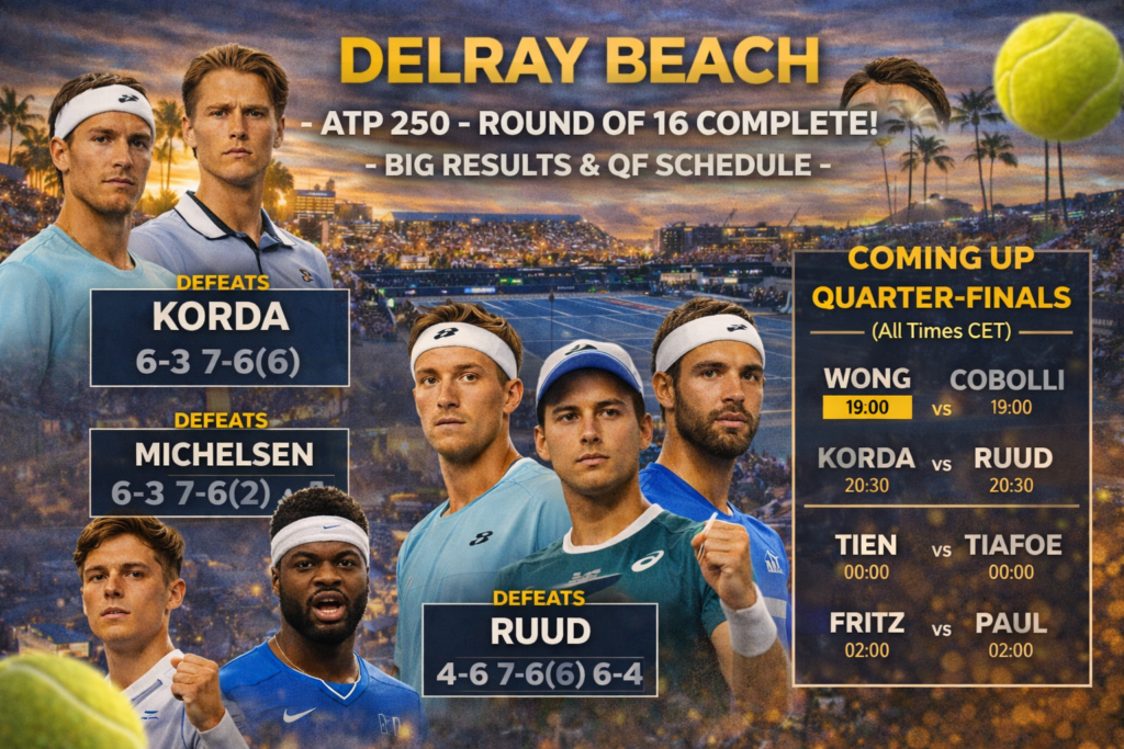 Delray Beach ATP 250 graphic showing Round of 16 results and the quarterfinal schedule (CET)