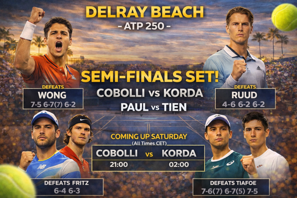 Delray Beach ATP 250 graphic showing the semifinal matchups: Cobolli vs Korda and Paul vs Tien