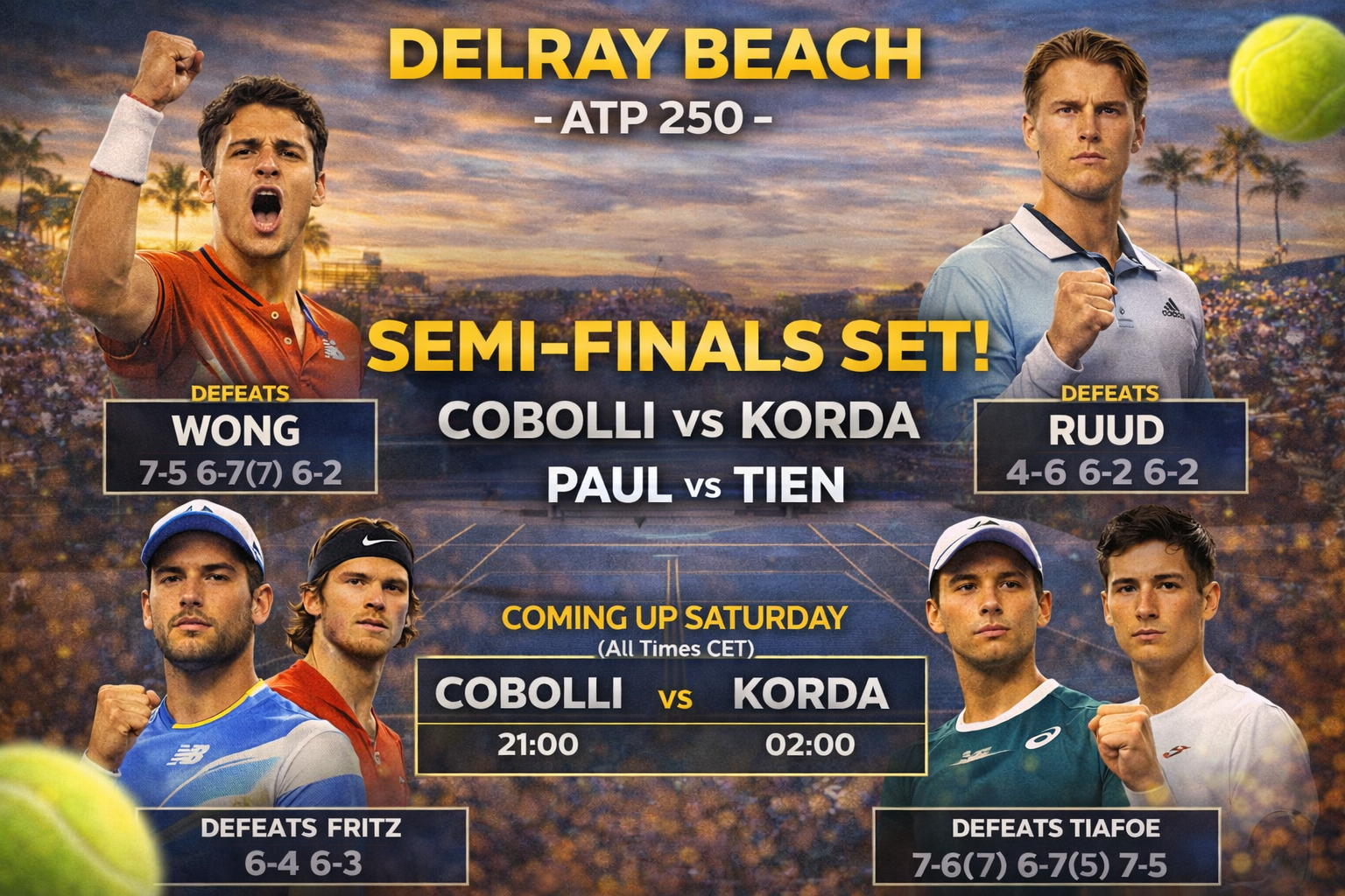 Delray Beach ATP 250 graphic showing the semifinal matchups: Cobolli vs Korda and Paul vs Tien