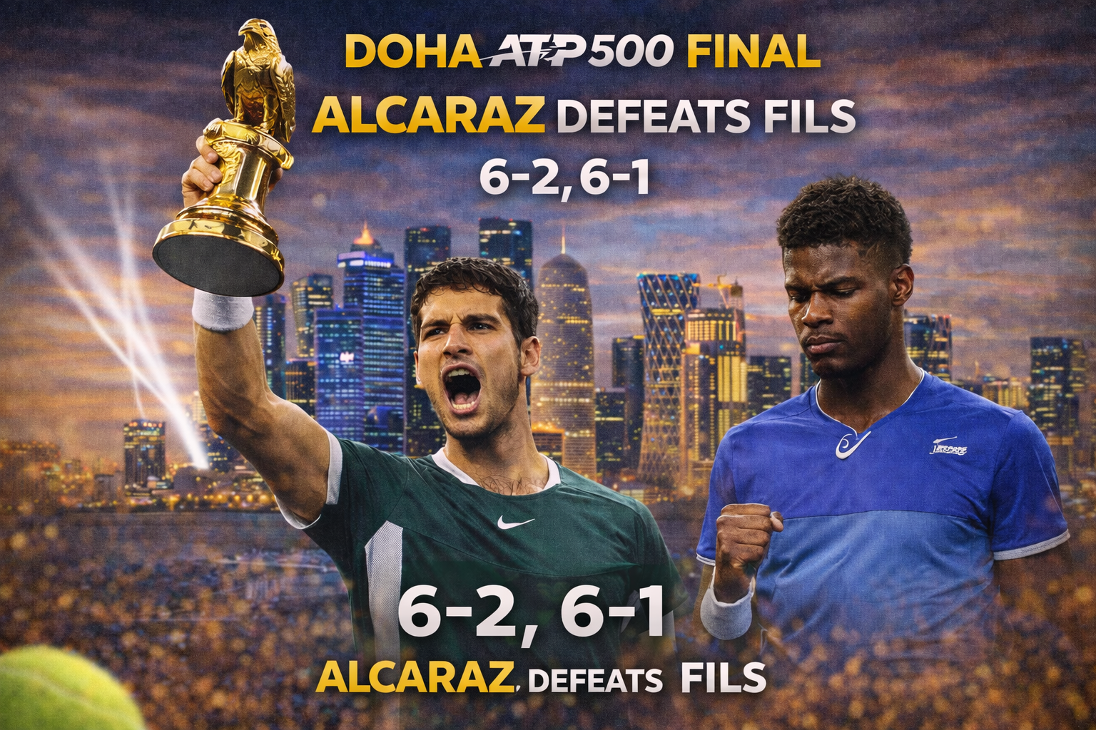 Doha ATP 500 graphic showing Carlos Alcaraz defeating Arthur Fils 6-2, 6-1 in the final