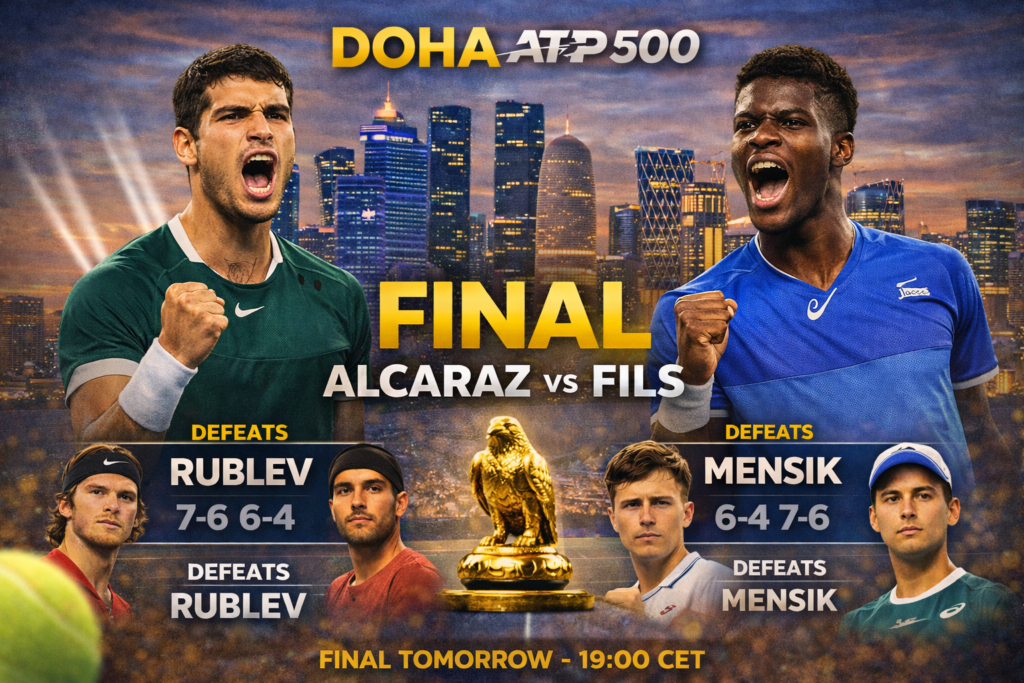 Doha ATP 500 graphic announcing the final between Carlos Alcaraz and Arthur Fils