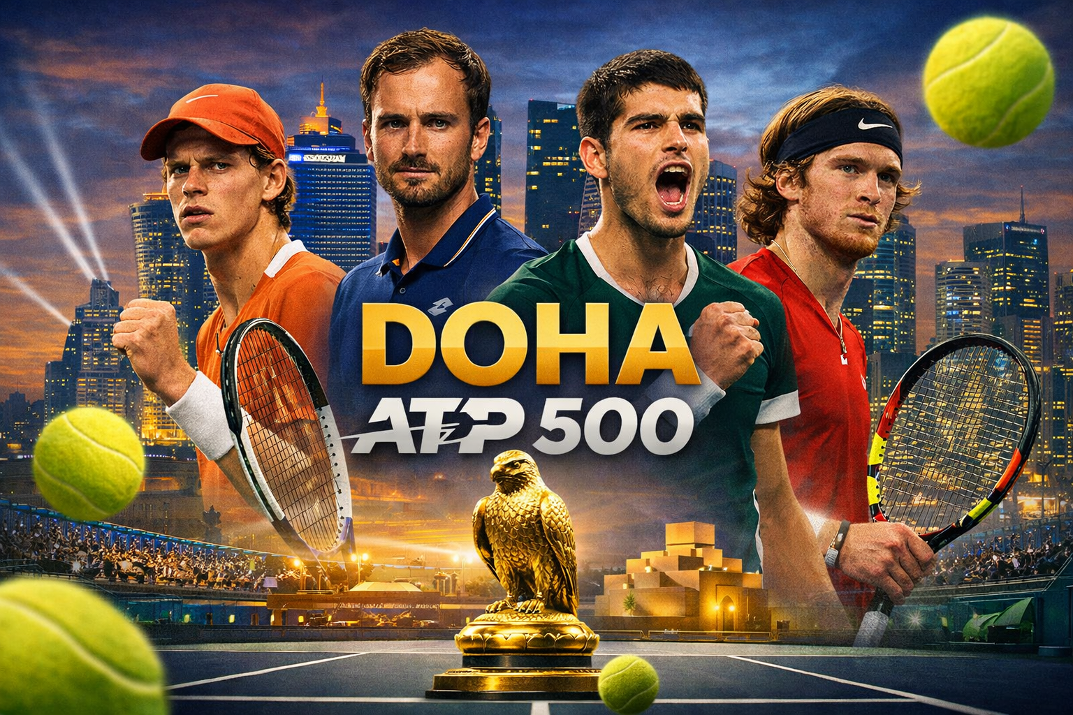 Doha ATP 500 promotional artwork for the Qatar ExxonMobil Open 2026