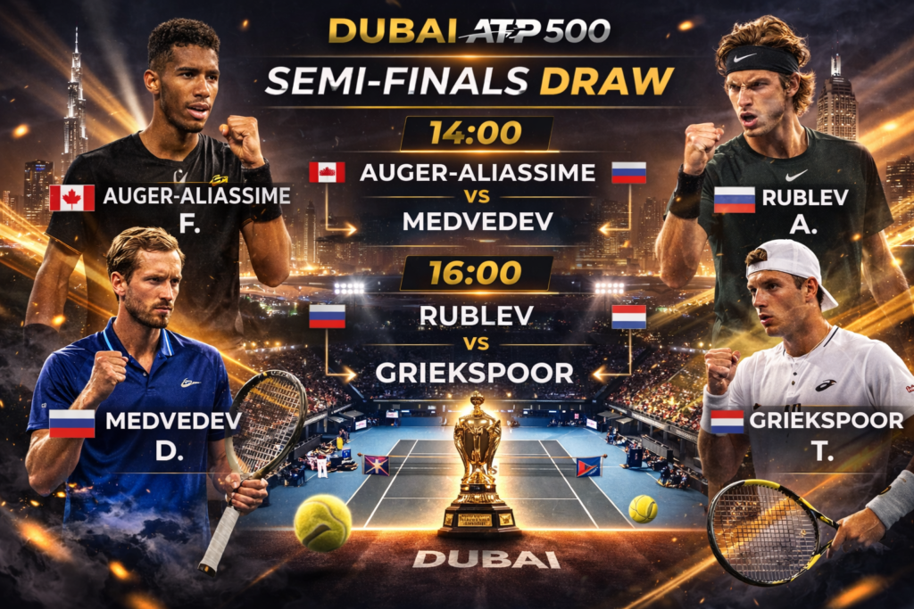 Gráfico del cuadro de semifinales del Dubái ATP 500 2026: Félix Auger-Aliassime vs Daniil Medvedev y Andrey Rublev vs Tallon Griekspoor.