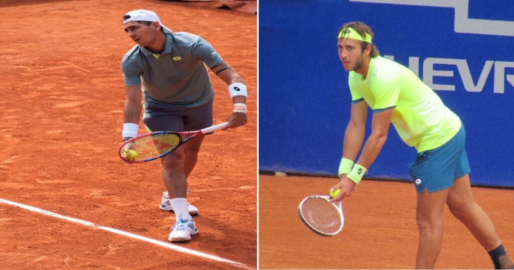 Томас Мартин Ечевери и Алехандро Табило у акцији током АТП меча са Ечеверијем који побеђује у финалу Отвореног првенства Рија 2026 3-6 7-6 6-4