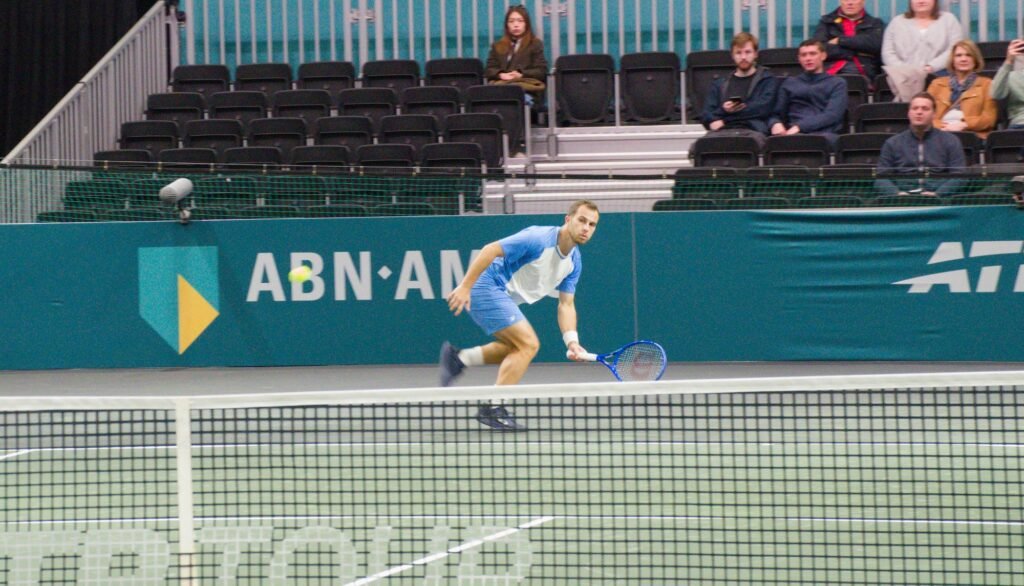 Hugo Gaston plays a drop shot during Rotterdam ATP 500 2026 qualifying at Ahoy Arena