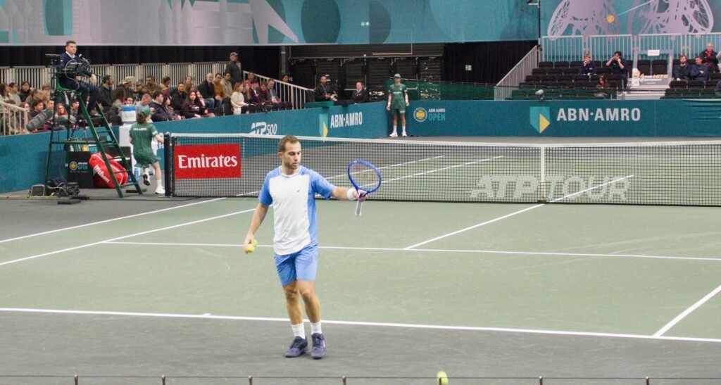 Hugo Gaston on court during Rotterdam ATP 500 2026 qualifying at Ahoy Arena