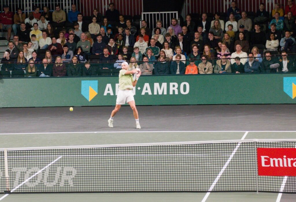 Hugo Grenier hits a forehand during Rotterdam ATP 500 2026 qualifying at Ahoy Arena