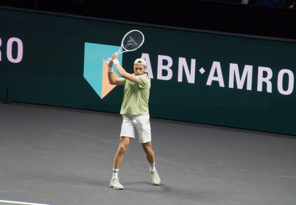 Hugo Grenier hits a backhand during his first-round match against Jan-Lennard Struff at the Rotterdam ATP 500 2026