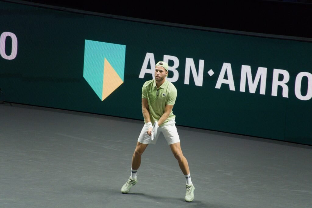 Hugo Grenier prepares to return serve during his first-round match against Jan-Lennard Struff at the Rotterdam ATP 500 2026