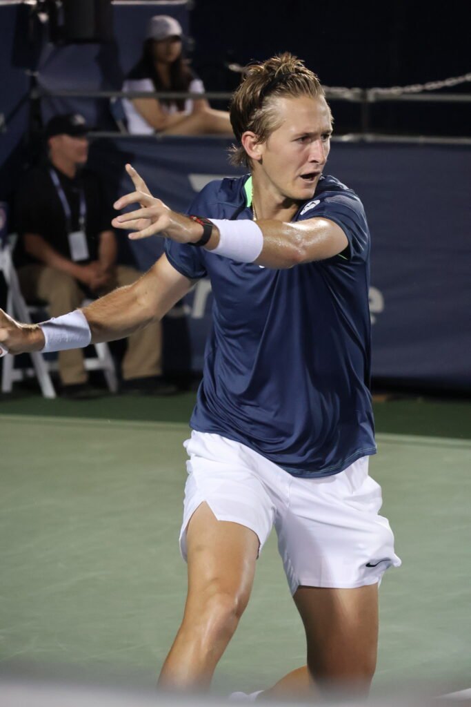 Sebastian Korda hits a forehand during an ATP Tour match