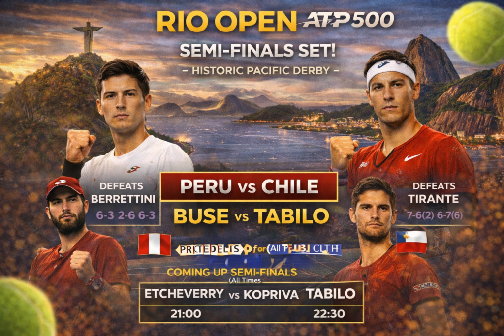 Rio Open ATP 500 graphic showing the semifinal matchups: Buse vs Tabilo and Etcheverry vs Kopriva