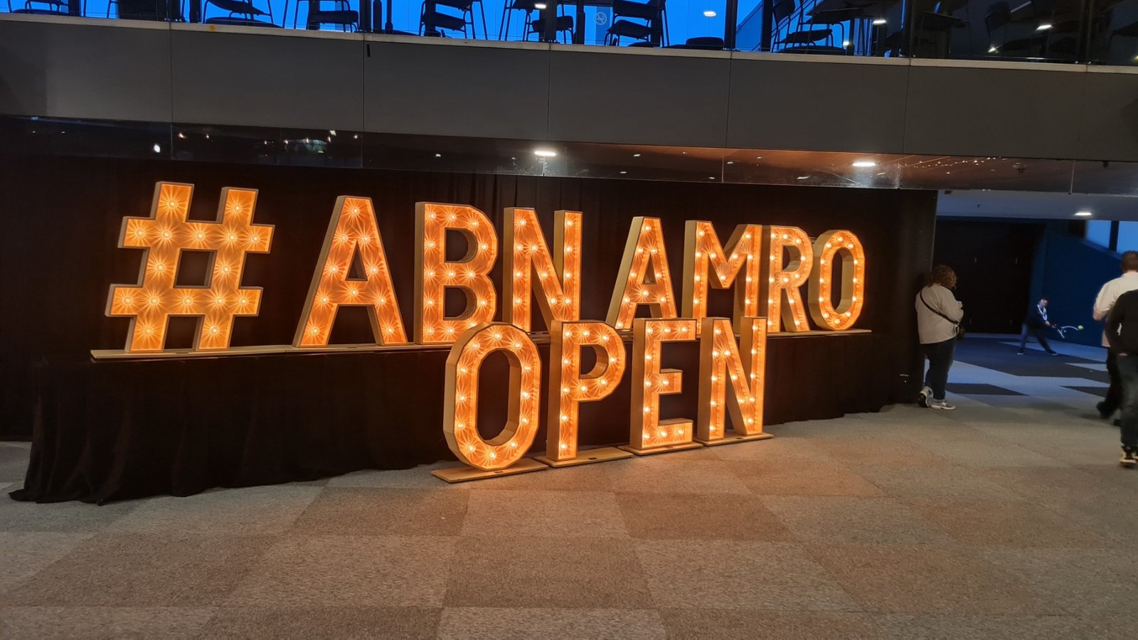 ABN AMRO Open signage inside the venue at the Rotterdam ATP 500 tournament.