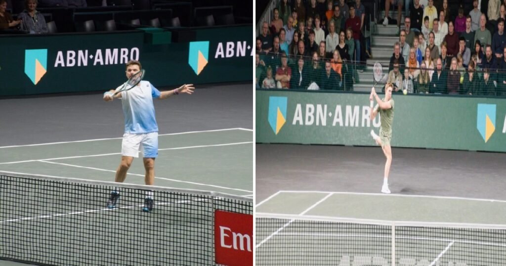 Composite image: Stan Wawrinka (left) and Thijs Boogaard (right) in the first round at Rotterdam 2026.