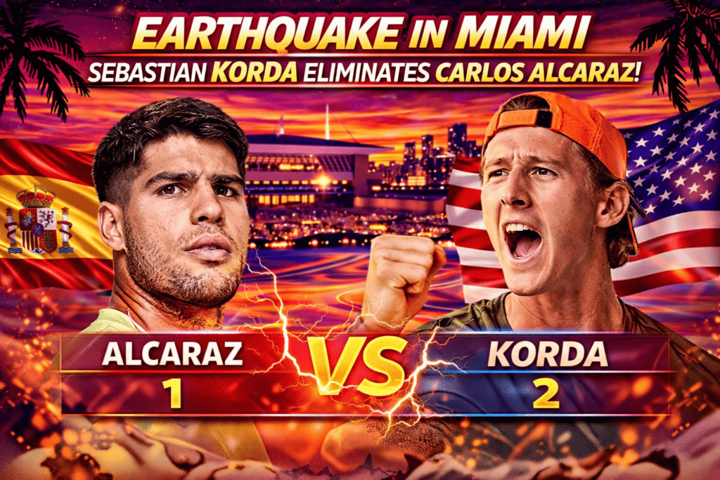 Imagen destacada del partido Korda vs Alcaraz en el Miami Open 2026. El titular dice '3-set thriller', detallando la sorprendente derrota de Alcaraz ante Korda.