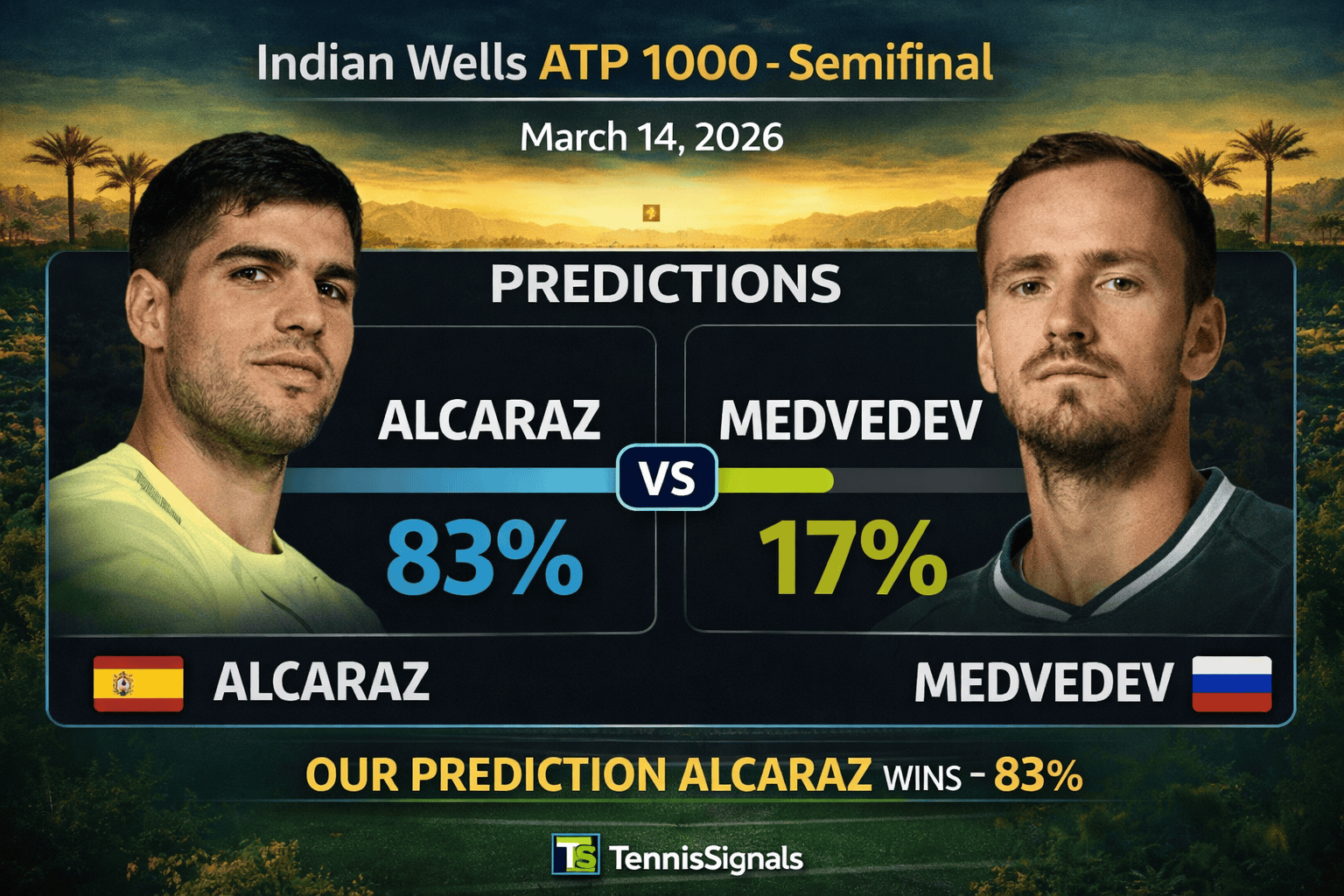 Carlos Alcaraz vs Daniil Medvedev prediction Indian Wells 2026 semifinal match