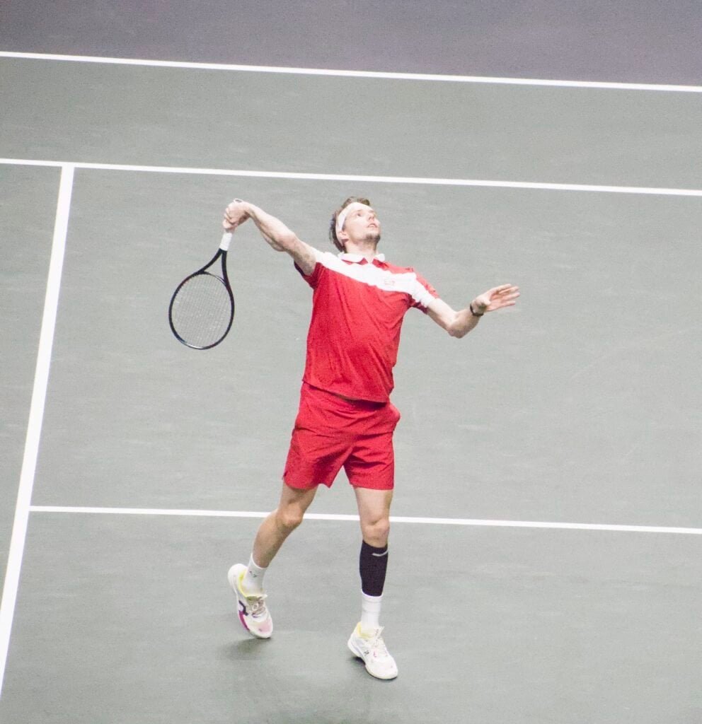 Alexander Bublik hits an overhead smash during his 6-1, 6-2 semi-final loss to Félix Auger-Aliassime at the ABN AMRO Open Rotterdam 2026.