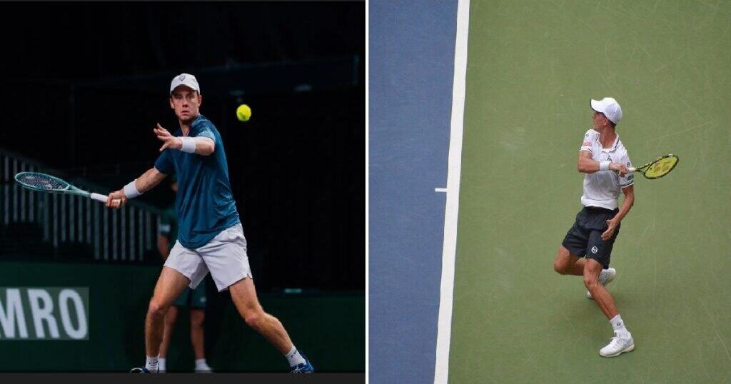 Гај ден Оуден (лево) и Мартон Фучсовић (десно) у акцији током меча 1/16 финала ABN AMRO Open Rotterdam ATP 500 2026.