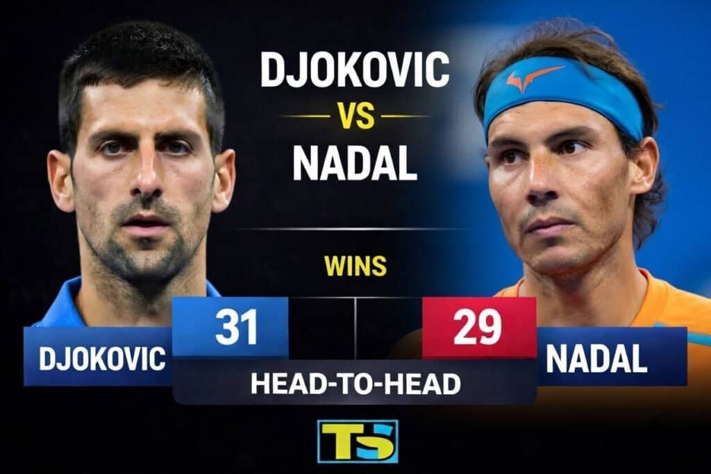Novak Djokovic vs Rafael Nadal Head-to-Head stats graphic showing 31 to 29 total wins.