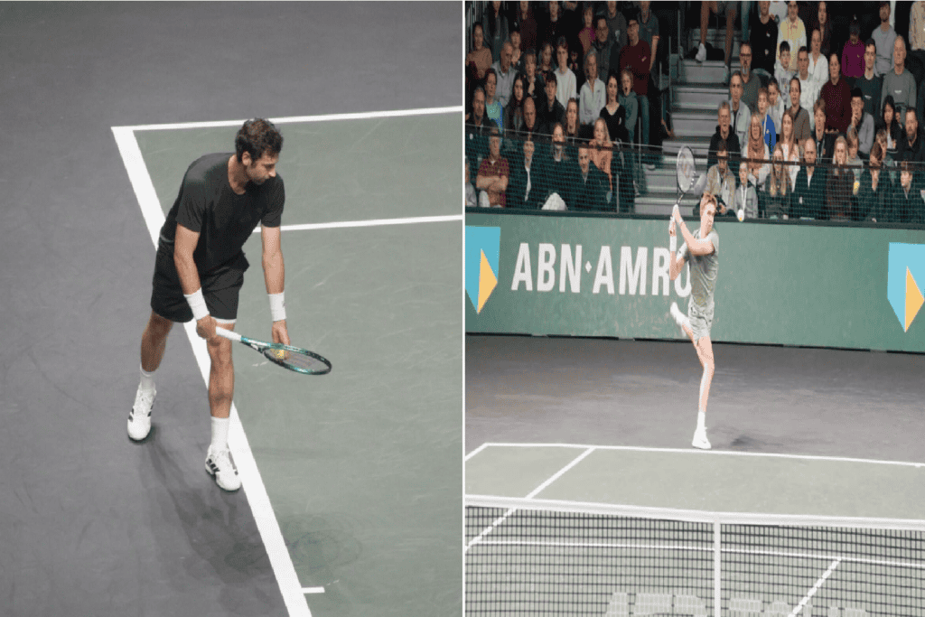 Квентен Халис (лево) и Ретеринґ (десно) у интензивној акцији током меча 1/16 финала ABN AMRO Open Rotterdam ATP 500 2026.
