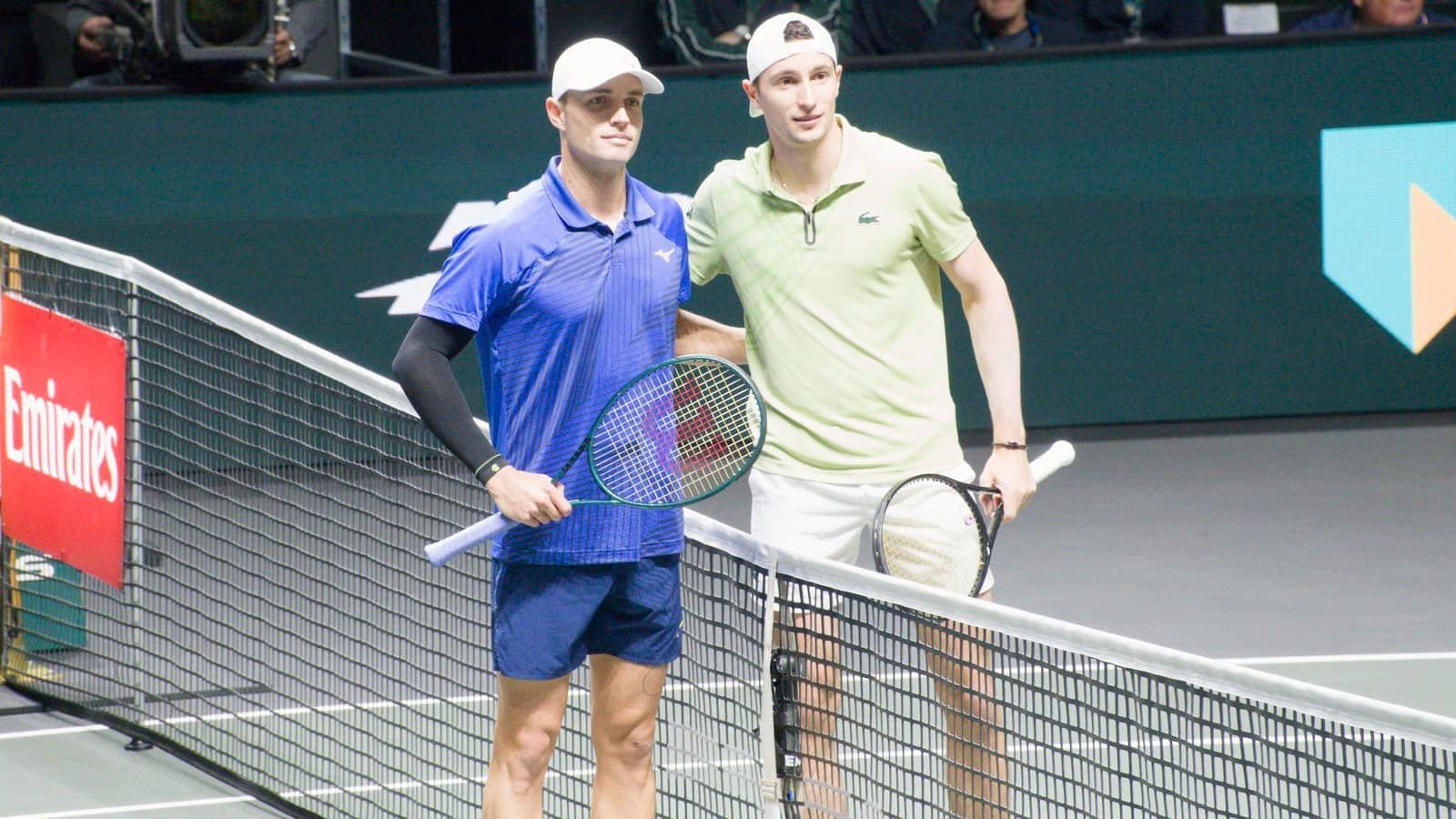 Уго Амберт и Кристофер О’Конел на мрежи пре свог четвртфиналног меча на ABN AMRO Open-у 2026 у Ротердаму.