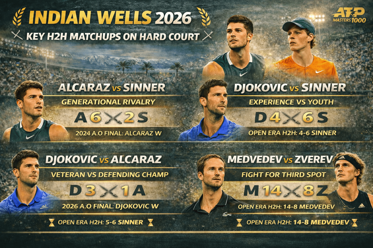 Indian Wells 2026 – Confrontations H2H clés sur dur : Alcaraz, Sinner, Đoković, Medvedev, Zverev