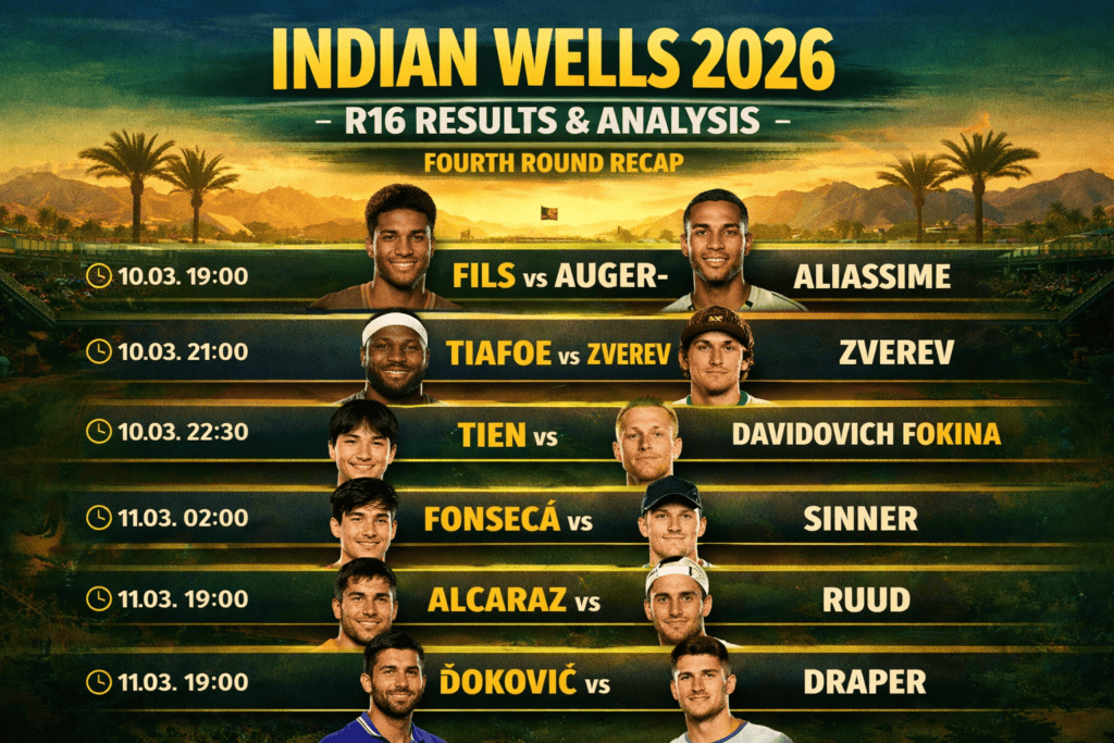 Indian Wells 2026 R16 – Partidos de cuarta ronda: Fils vs Auger-Aliassime, Tiafoe vs Zverev, Tien vs Davidovich Fokina, Fonseca vs Sinner, Alcaraz vs Ruud, Đoković vs Draper