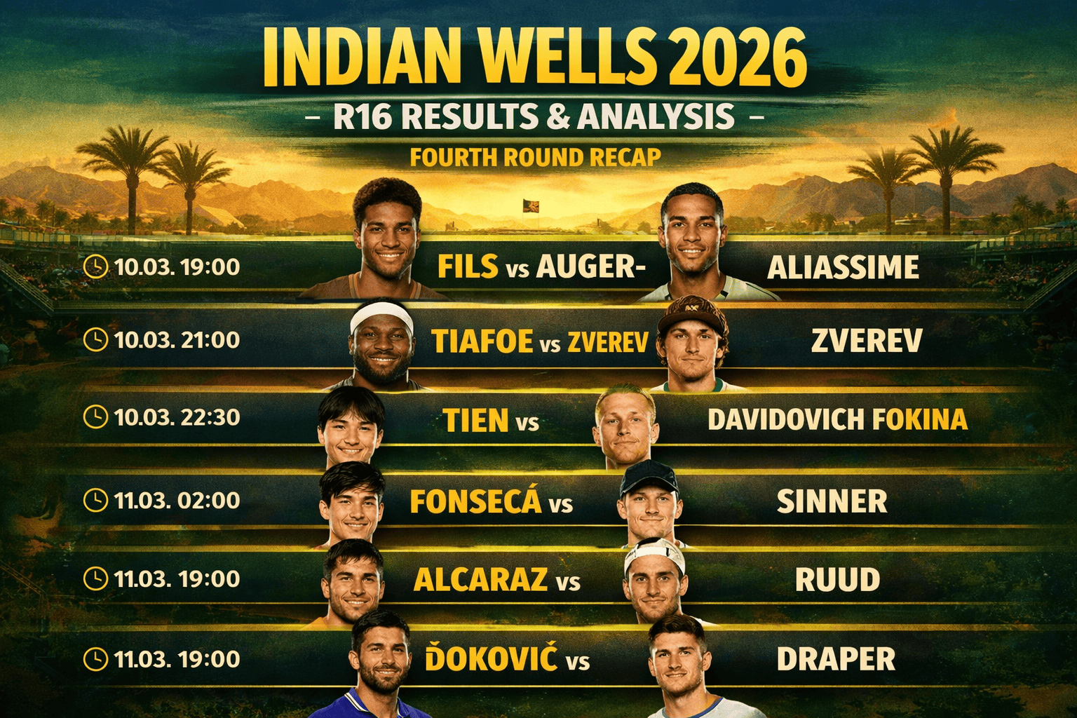 Indian Wells 2026 R16 – Partidos de cuarta ronda: Fils vs Auger-Aliassime, Tiafoe vs Zverev, Tien vs Davidovich Fokina, Fonseca vs Sinner, Alcaraz vs Ruud, Đoković vs Draper