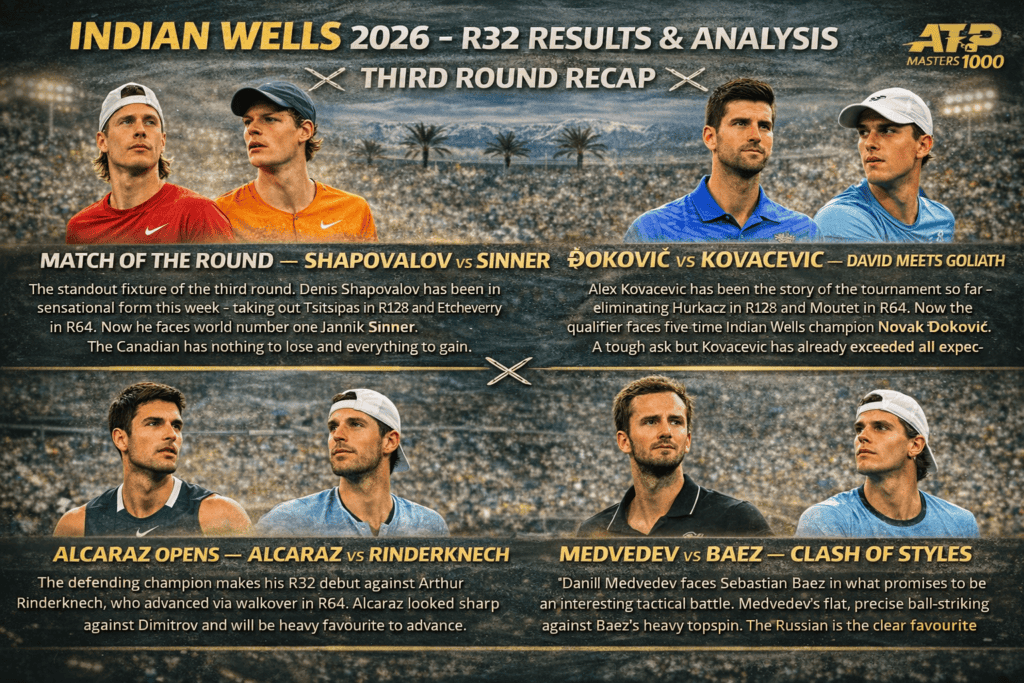 Indian Wells 2026 R32 – Partidos clave de la tercera ronda: Shapovalov vs Sinner, Đoković vs Kovacevic, Alcaraz vs Rinderknech, Medvedev vs Baez