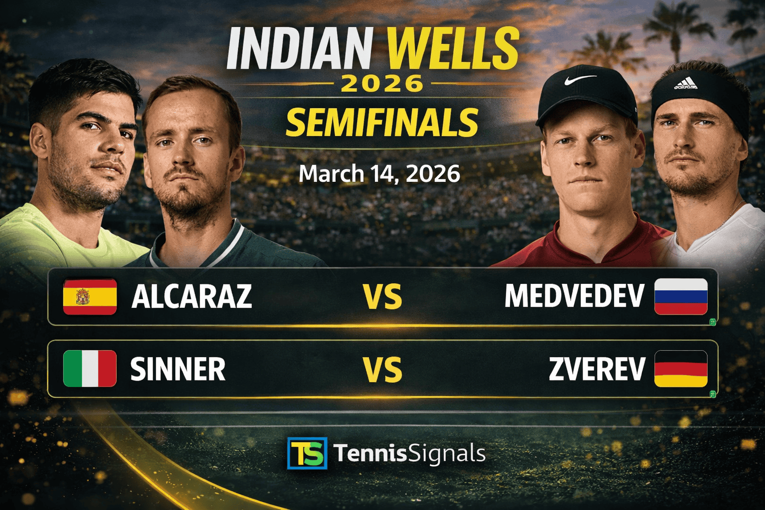 Индијан Велс 2026 Полуфинале – Алкараз против Медведева и Синер против Зверева, 14. март 2026.