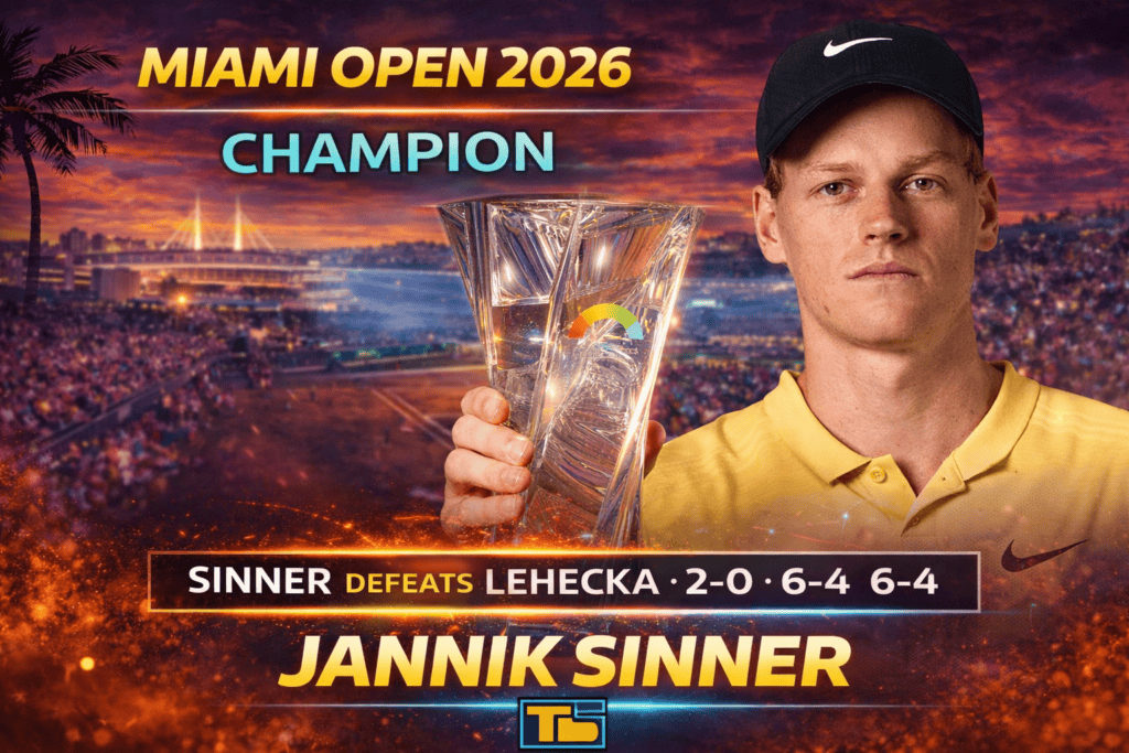 Jannik Sinner tenant le trophée du Miami Open 2026 après sa victoire contre Lehecka 6-4 6-4