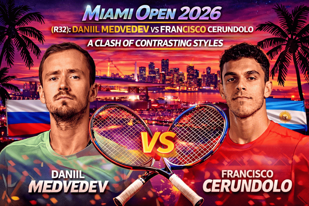 Најава меча 1/16 финала Мајами Опена 2026 између Данила Медведева и Франсиска Серундола.