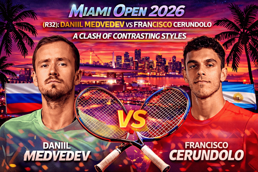 Aperçu du match des 1/16 de finale du Miami Open 2026 entre Daniil Medvedev et Francisco Cerundolo.
