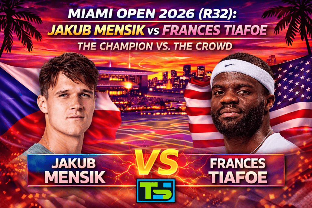 Match preview graphic for the Miami Open 2026 Round of 32 between Jakub Mensik and Frances Tiafoe.