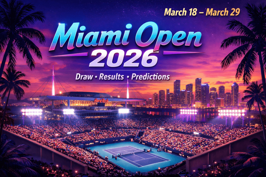Imagen destacada del Miami Open 2026 con estadio, skyline de Miami, palmeras y fechas del torneo del 18 al 29 de marzo