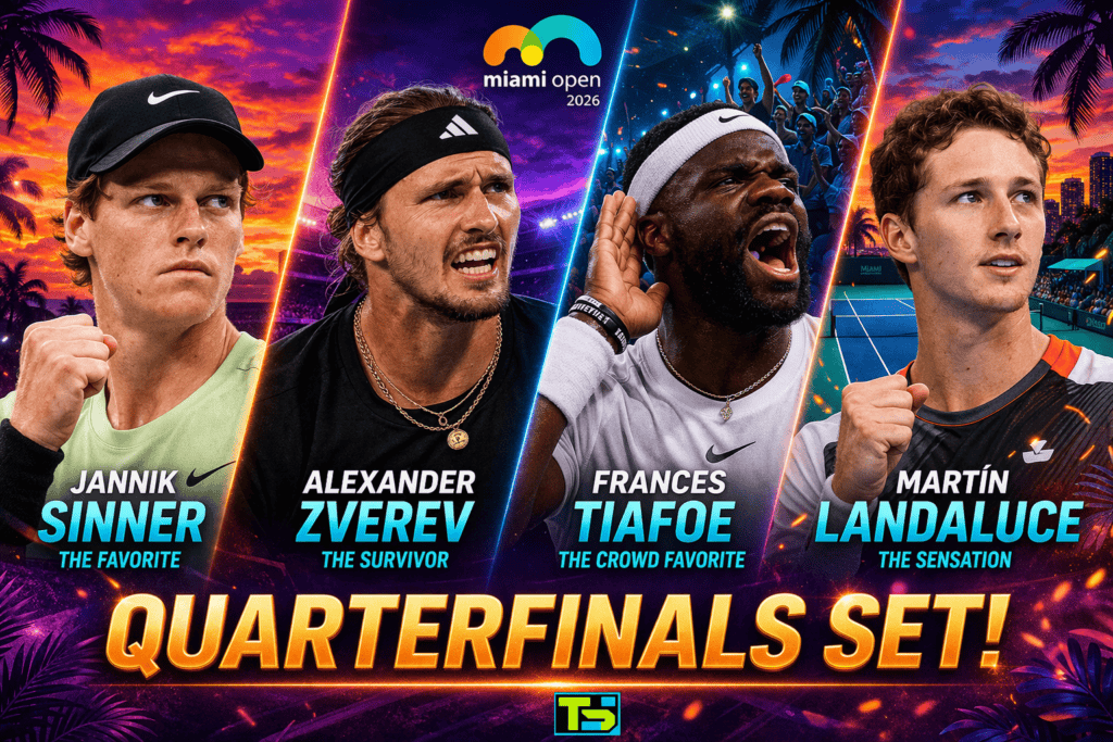 Gráfico que muestra a los ocho mejores tenistas en los cuartos de final del Miami Open 2026, incluyendo a Sinner, Zverev y Tiafoe.