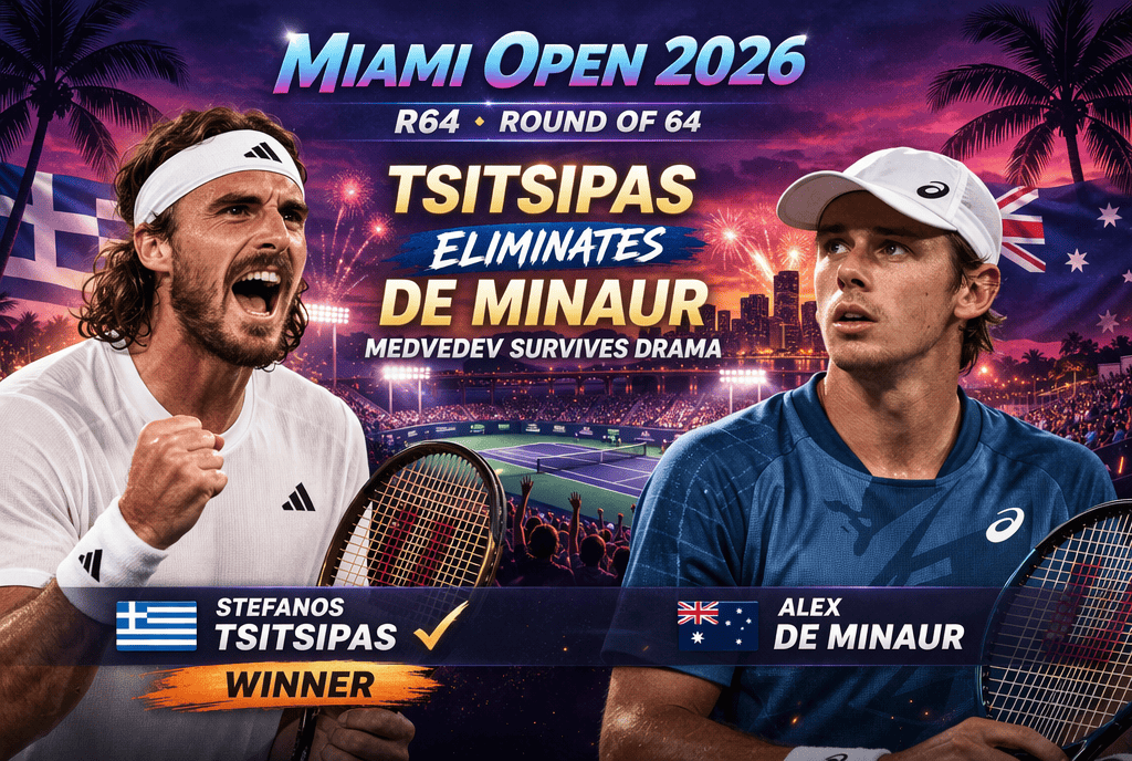 Stefanos Tsitsipas celebrates his victory against Alex De Minaur in the Round of 64 at the Miami Open 2026.