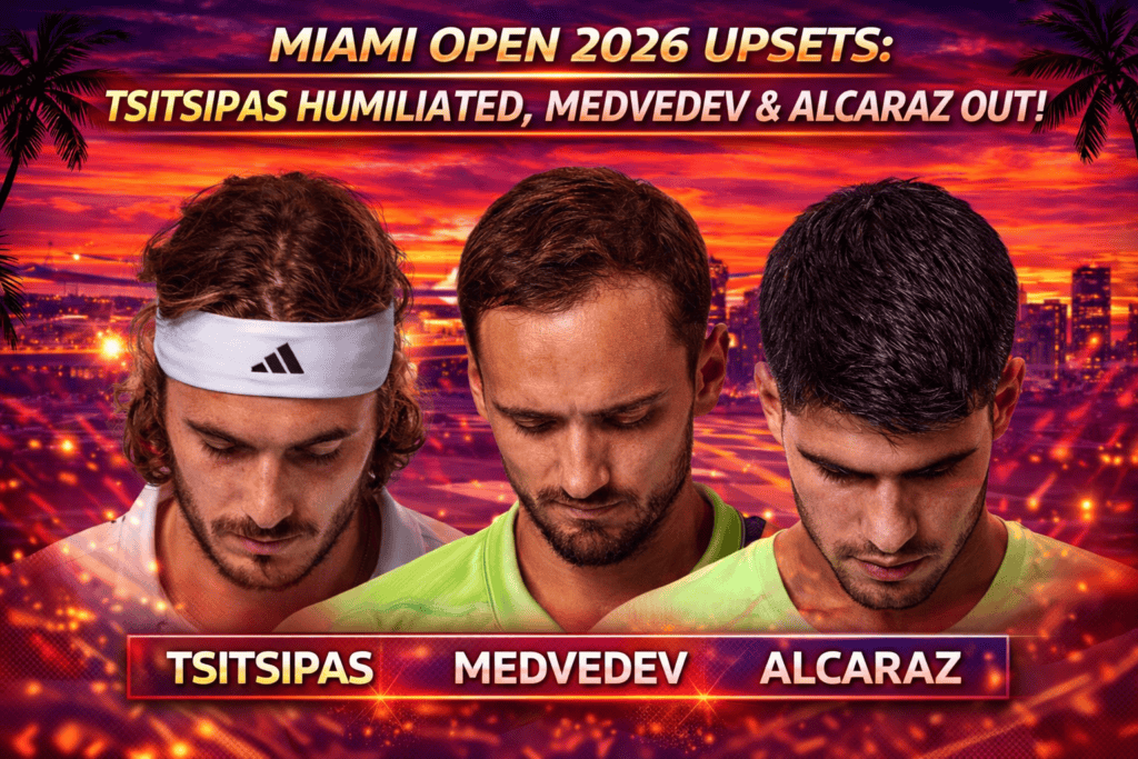 Gráfico que muestra la eliminación de los principales favoritos del torneo, incluyendo a Alcaraz, Medvedev y Tsitsipas en los 1/16 de final del Miami Open 2026.