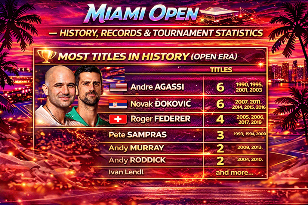 Gráfico que muestra los jugadores con más títulos en la historia del Miami Open, destacando a Andre Agassi y Novak Djokovic con 6 títulos cada uno.