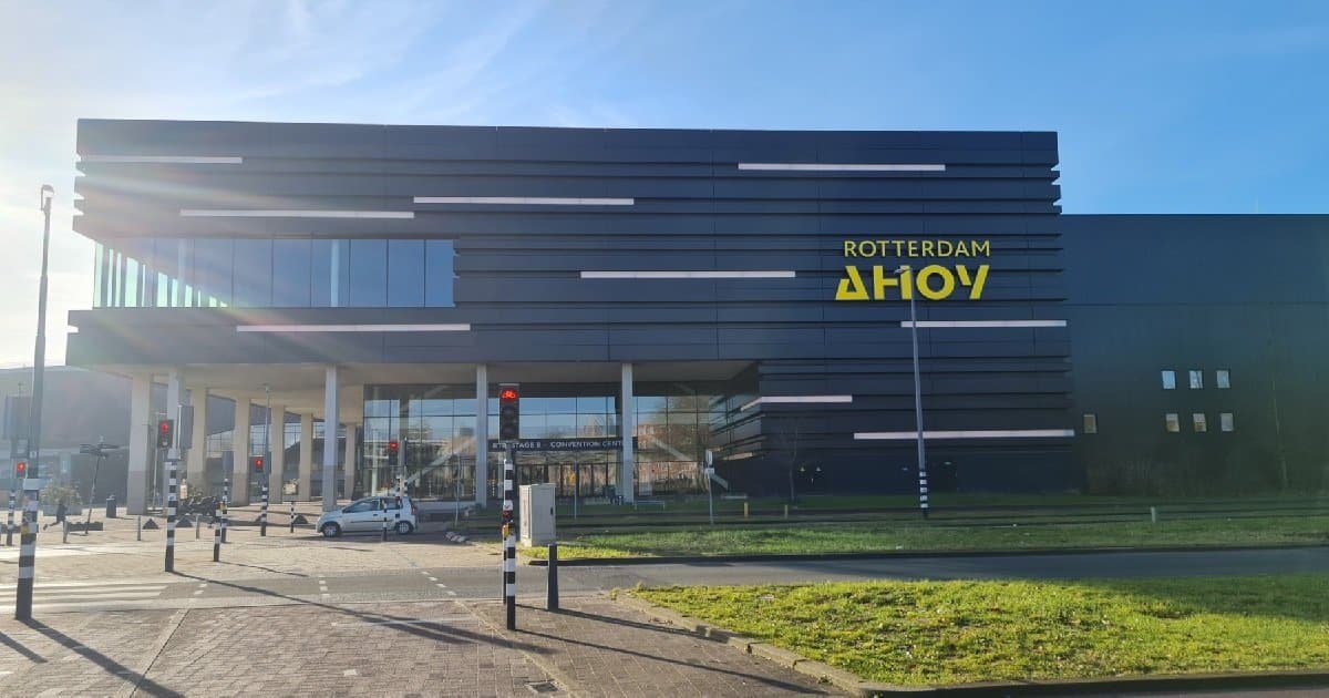 Daytime exterior view of Rotterdam Ahoy, home of the ABN AMRO Open ATP 500 tournament in Rotterdam.