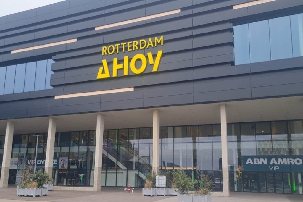 Rotterdam Ahoy main entrance with ABN AMRO Open 2026 branding on Day 5 (quarter-finals day) of the ATP 500 tournament.