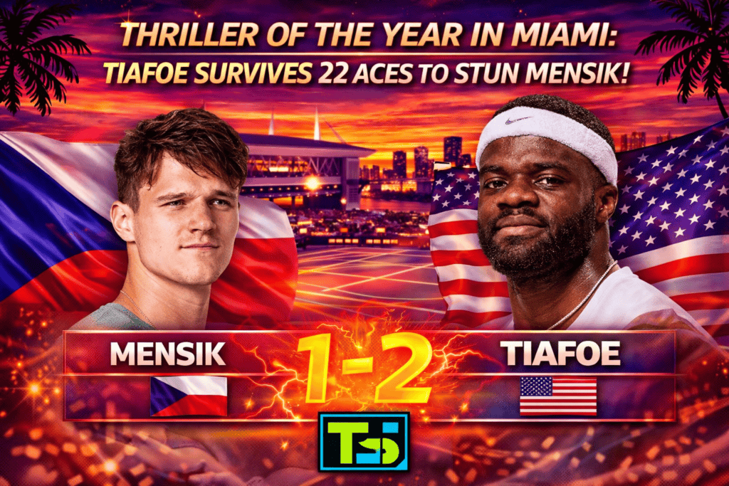 Match result graphic for the Miami Open 2026 showing Frances Tiafoe defeating Jakub Mensik in a thrilling third-set tie-break.