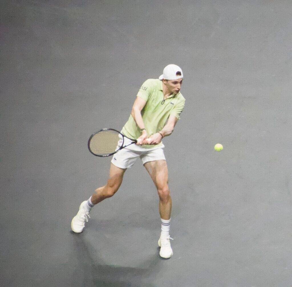 Ugo Humbert hits a backhand during his 6-4, 6-3 semi-final against Alex de Minaur at the ABN AMRO Open Rotterdam 2026.