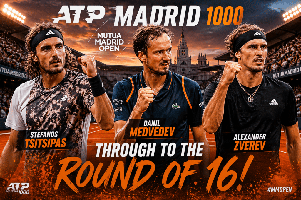 Stefanos Tsitsipas, Daniil Medvedev et Alexander Zverev célébrant leur qualification pour les huitièmes de finale au Masters 1000 de Madrid.